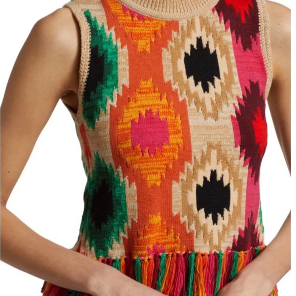 Alice + Olivia Multicolor Patterned Reva Print Fringe Peplum Tank Top Large - Picture 2 of 9